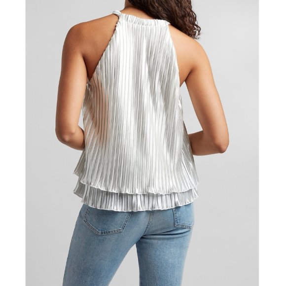 Metallic Pleated Tie Neck Halter Tank - Picture 2 of 4